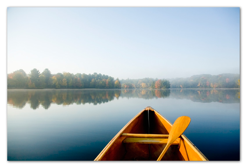 LakeHouse174.jpg Canoe at lake in early morning in fall, Sunset Lake Massachusetts
